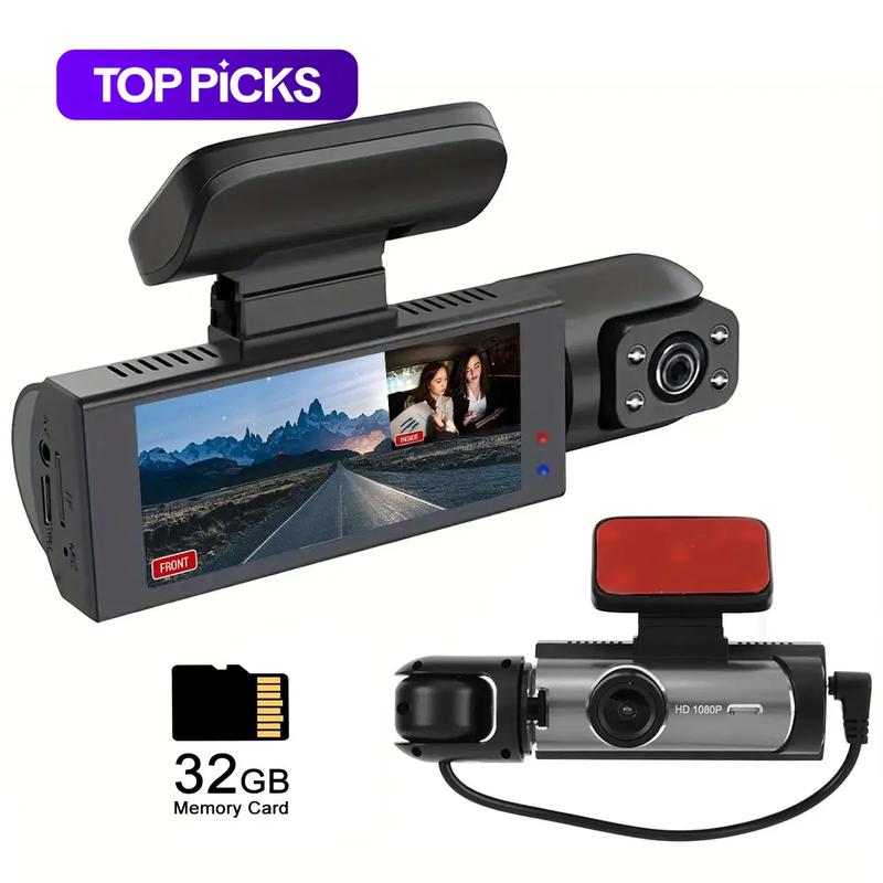 Front & Inside Dashcams for Cars, Front Rear Dashcam, CarDashcam with 32GB Card, Wide Angle Driving Recorder with IR Night Vision, 3.16 Inch IPS Screen HD Camera with Dual Lens, (Non-rechargeable; plug-in use)