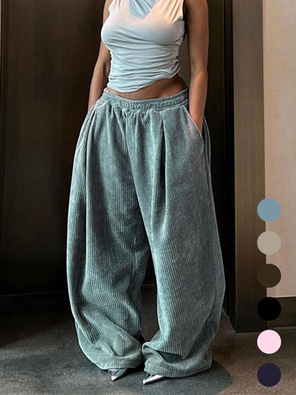 Women's Solid Drawstring High Waist Wide Leg Pants, Fashion Casual Style Straight Leg Trousers for Spring & Fall, Women's Bottoms for Daily Outdoor Wear, Baggy Pants, Pockets, Womenswear, Fit, Basic