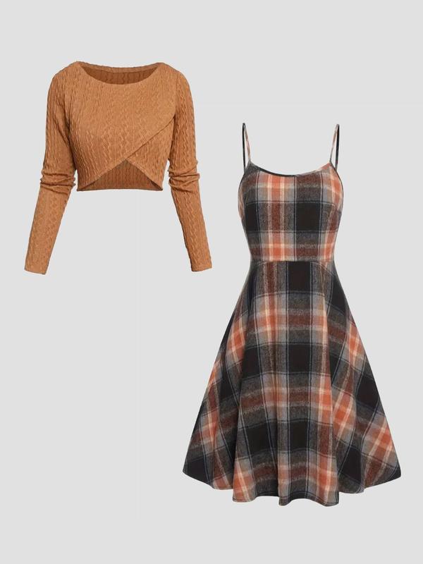 Women's Solid Wrap Hem Round Neck Textured Long Sleeve Crop Top & Plaid Print A-Line Dress Set, Preppy Fashion Cozy Stretchy Outfit for School, Daily & Casual Wear, Women's Clothing for Spring & Fall, Casual Lightweight Dress