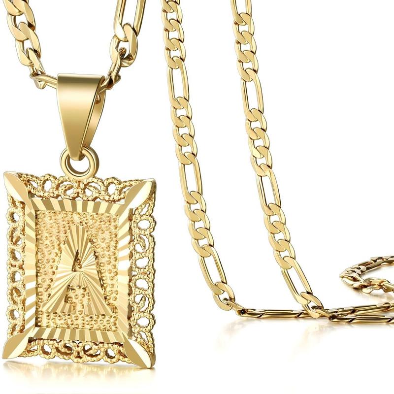 KISSYAN Initial Pendant Necklace for Men Womens, 14K Gold Plated Square Letter Capital Necklace Alphabets from A-Z Figaro Chain Necklace TikTokShopBlackFriday,summerwins