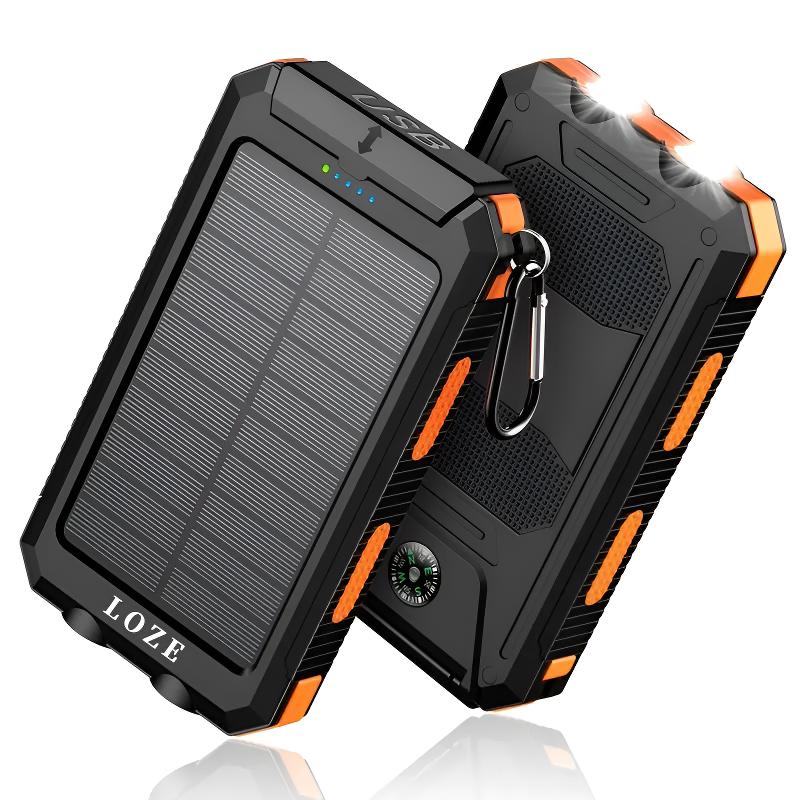 LOZE Solar Charger Power Bank 10000mAh Solar Phone Charger, Portable Charger Fast Charger Dual USB Ports Built-in LED Flashlight and Compass, IP65 Waterproof Portable Power Bank for Outdoor Activities