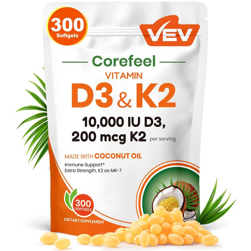 VEV Corefeel Vitamin D3 K2 10000 IU, 300 Virgin Coconut Oil Softgels, 2 in 1 Vitamins Supplement D & K, Dietary Supplemental Pack, Mothersdaygift, Summervibes
