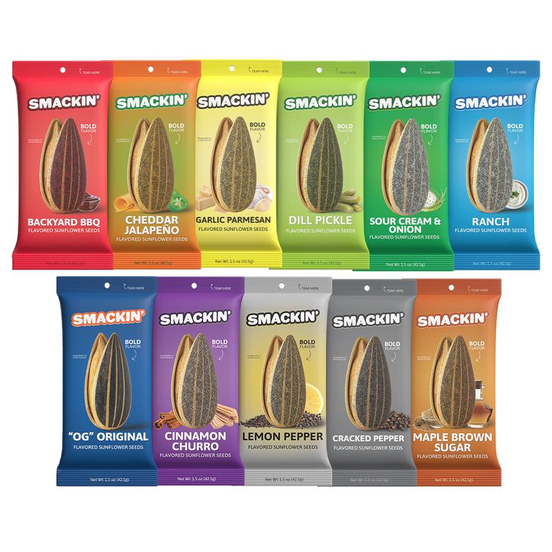 SMACKIN' Sunflower Seeds Sample Pack of 11 Single Serve (1.5 OZ) Low Sodium Snack, Bold Flavors, No Salty Burn
