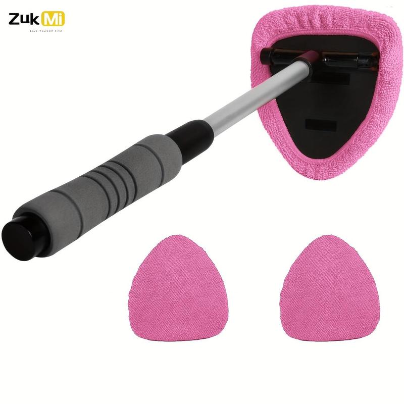 Windshield Cleaner Tool, Microfiber Car Window Cleaning Tool with Extendable Handle and 2 Cloth Pads, Interior/Exterior Glass Wiper Car Glass Cleaner Kit, Car Detailing Accessory, Car Cleaning Supplies