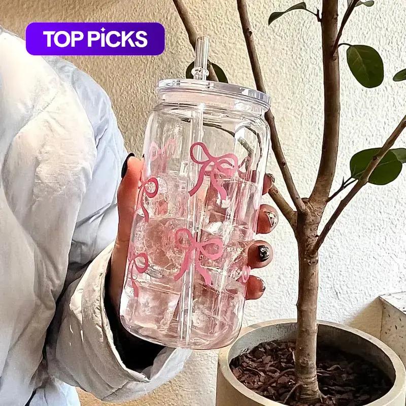 Bow Pattern Hydration Travel Water Bottle, 1-Count Drinking Cup with Lid and Straw for Tea, Juice and Milk, Cute Drinkware for Office, Restaurant, Classroom, Picnic and Party #GLOBAL PICKS