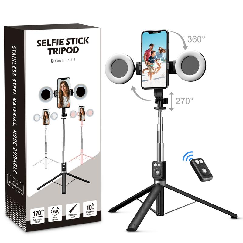 6-in-1 Selfie Tripod Dual Fill Lights Wireless Remote | Portable Adjustable Phone Stand | Apple Selfie Stick Tripod for Travel and Recording Life