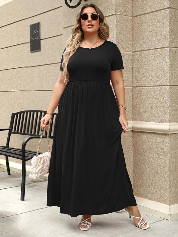 Women's Round Neck Stretchy Casual Long Plus Size Dress, Fitted, Perfect for Bridesmaids, Vintage Style Wedding & Party Wear, Comfortable Fabric, Summer Wear