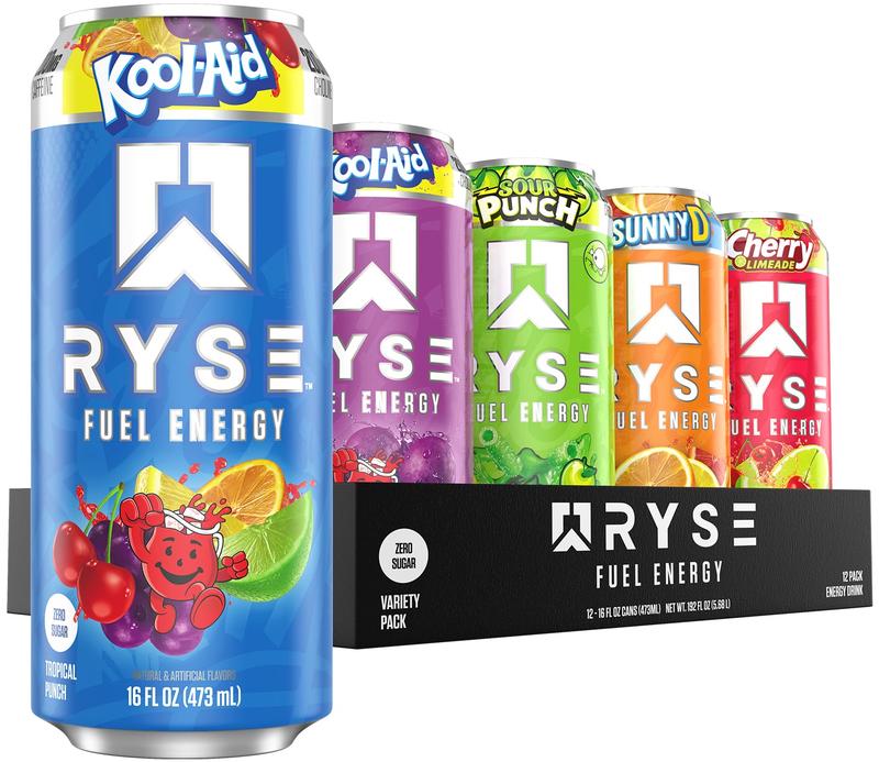 RYSE Fuel Energy Drink - Pack of 12 - 200mg Natural Caffeine, Taurine and Choline for Focus and Energy - Sugar-Free and Vegan - 16 fl oz