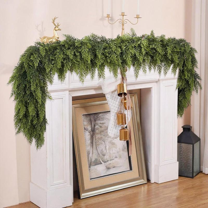 6 FT 2 Pcs Artificial Cedar Garlands, Real Touch Winter Cedar Garland, Green Artificial Greenery Pine Garland for Table, Mantle, Wall, Indoor, Outdoor Christmas Decorations (2, 6 FT) summerwins