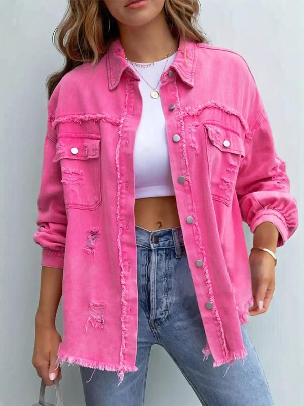 Women's Plain Button Front Ripped Drop Shoulder Coat, Casual Long Sleeve Shirt Collar Outerwear For Spring & Fall, Women's Clothes For Daily Wear, Denim Jacket, Tops
