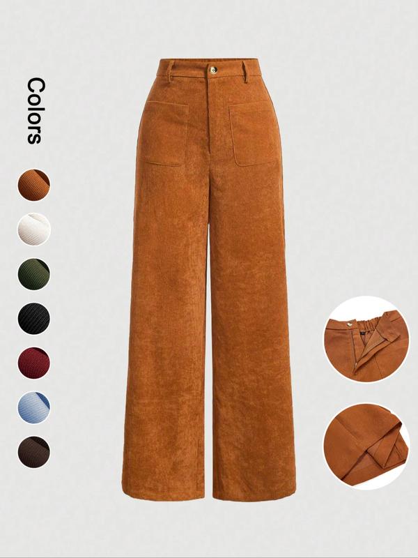 Women's Plain Pocket Button Front Wide Leg Pants, Everyday Casual High Waist Fit Trousers for Daily Wear, Ladies Bottoms for All Seasons, Baggy Pants