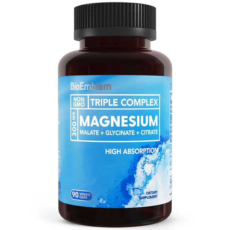 BioEmblem Triple Magnesium Complex 300mg Glycinate, Malate & Citrate - High Absorption Dietary Supplement for Muscles, Nerves, & Energy - Fitness Healthcare Edible