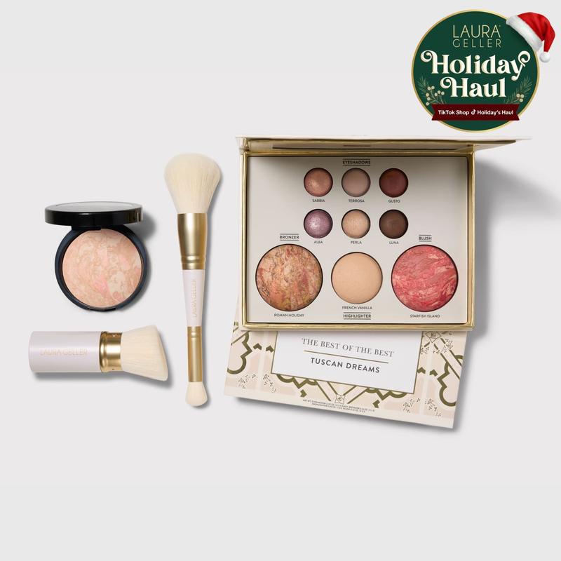 Laura Geller Tuscan Dreams Holiday Baked Starter Kit 4PC Full Face Makeup Palette with Foundation Limited Edition Brushes for Flawless Skin - Beauty Kit