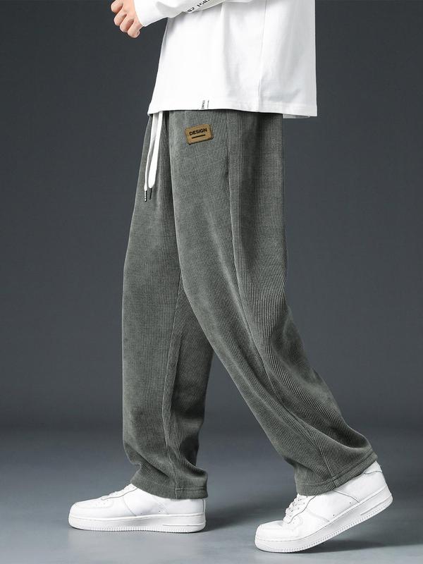 Men's Plain Drawstring Waist Corduroy Pants, Loose Fit Casual Letter Patched Straight Leg Trousers for Outdoor, National Day Clothing, Going Out Outfit, Casual Streetwear Pants