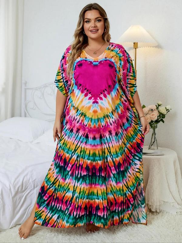 【Plus Size】 Women's All Over Print Batwing Sleeve V Neck Dress, Muumuu Dress, Boho Casual Half Sleeve Long Dress for Daily Holiday Vacation Wear, Summer Maxi Clothing, Birthday Clothes for Women Black Girl Outfits Utah Girl Fits