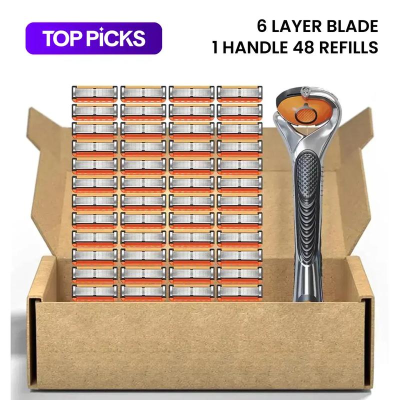 Razor Blade Replacement Set for Men, 48pcs Razor Blades with 1 Count Handle, Shaver Razors, Stainless Steel Handheld Shaver for Daily Use#GLOBAL PICKS