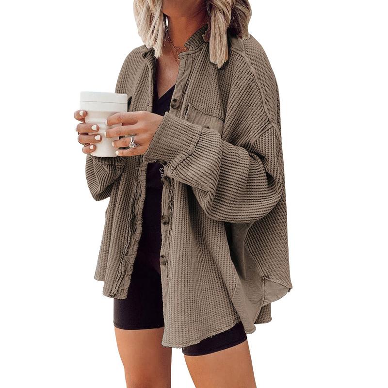 CHOUYATOU Women's Loose Fit Batwing Sleeve Waffle Knit Button Down Shirt Shacket Tops for Spring Fall Winter Casual Chic Office Wear