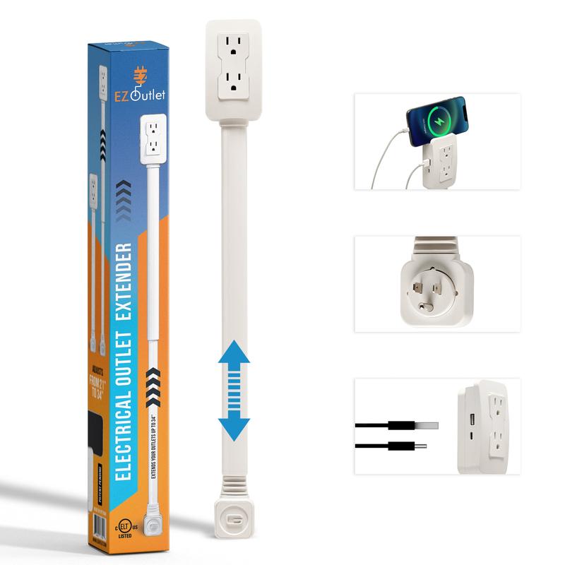EZ Outlet Electrical Outlet Extender with USB-A USB-C & 2 AC Outlets Swivel Socket 22-34" Extension for Couches Nightstands Desks