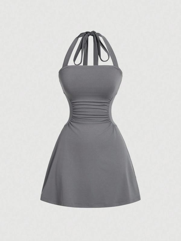Women's Plain Ruched Tie Back Halter Neck Dress, Casual Chic Sleeveless A Line Short Dress for Summer, Ladies Clothes for Daily Wear, Casual Elegant Dresses, Casual Dress Style, Womenswear Garment