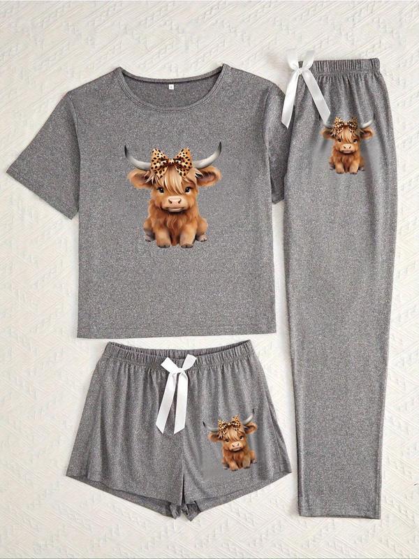 Cartoon Highland Cow Print Women's Pajama Sets, Matching Pyjamas, Casual All Seasons Nightwear, Fitted Knitted Fabric Sleepwear Loungewear Pyjamas