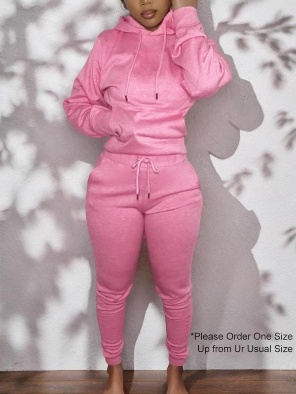 Women's Minimalist Solid Color Sweatsuit Set, Workout Set, Casual Comfortable Softness Pocket Hooded Pullover Top & Drawstring Sweatpants, Fall Clothes, Mean Girls Outfit, Cozy Womenswear, Sweatshirt & Jogger Pants Clothes Set, Valentine's Day Gift