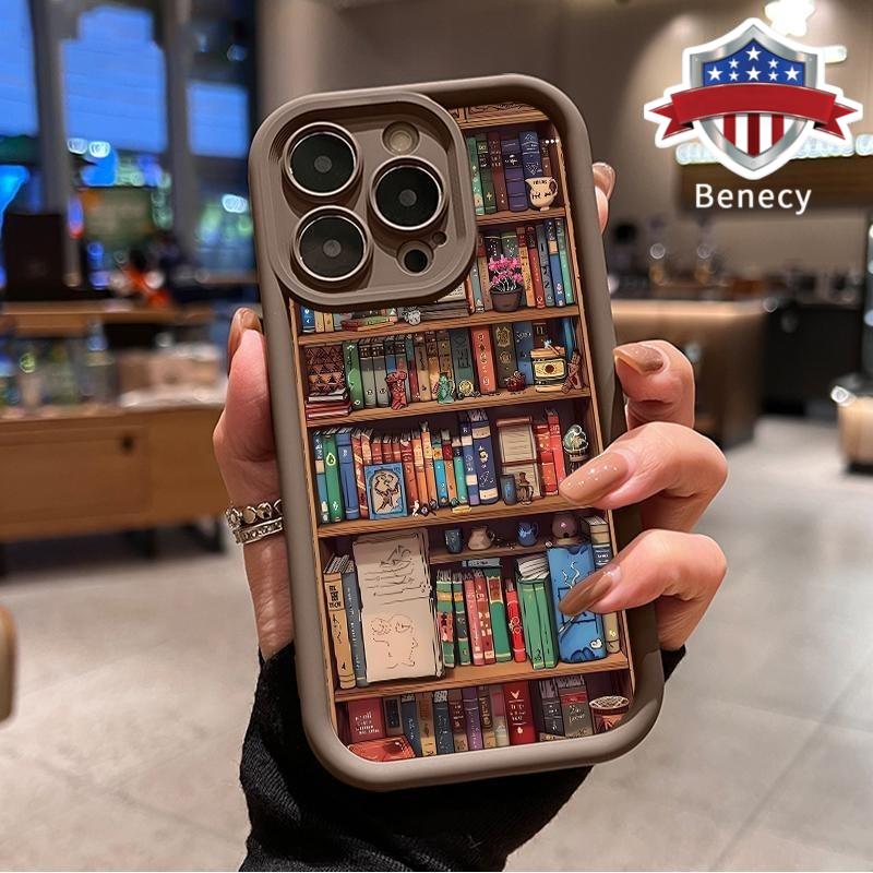 Cartoon Bookshelf Pattern TPU Phone Case for iPhone 17 Pro Max 16 15 14 Plus 13 12 11 Air XR X XS  Plus Shockproof Non Slip Military-Grade Protective Silicone Cover