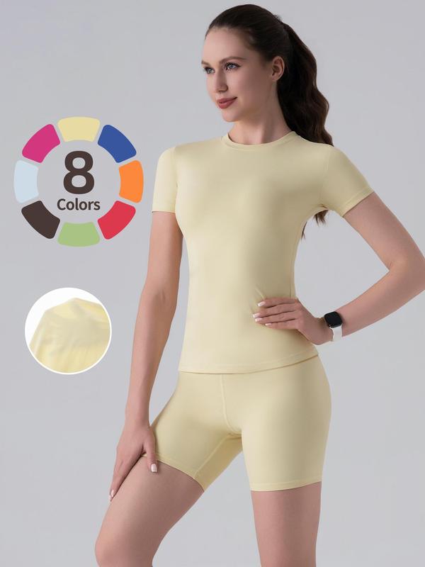 Two-Piece Set Women's Solid Round Neck Tee & High Waist Biker Shorts Tracksuit Set, Casual Sportswear Athletic Fashion Activewear for Indoor Outdoor Wear Sweatsuit Set, Sporty Style Outfits
