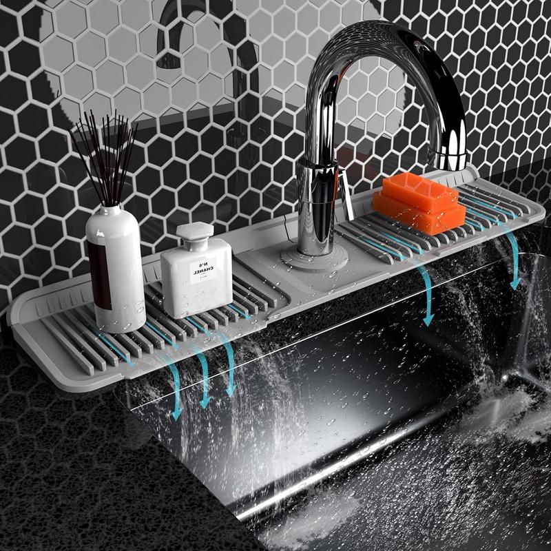 ãMulti-functionalãKitchen Sink Faucet Mat, Silicone Folding Splash Guard, Draining Mat with Button Lock, Sink Faucet Protector, Sink Accessories for Kitchen Household Items Cleaners 24x5.6 inches Easy to Clean No-Mess Gift for New Homeowners
