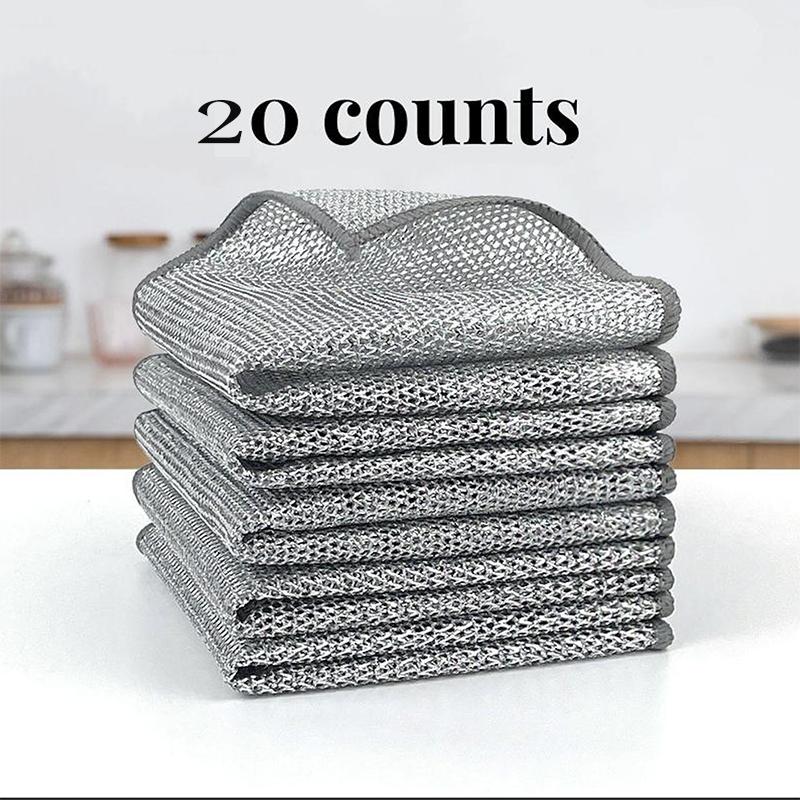 20 Counts single layer Dishwashing Rag，Multipurpose Non-Scratch Wire Dishcloths for Wet and Dry Use, Reusable Wire Cleaning Cloths for Kitchen, Sinks, and Pans Silver Removable, Washable & More