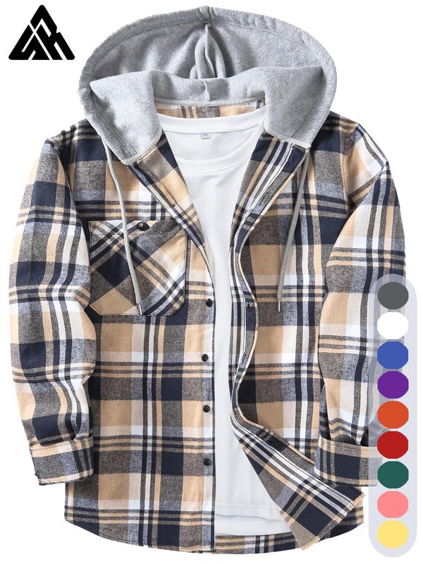 Men's Plaid Hooded Shirt Jacket, Button Front with Drawstring, Regular Fit Casual Comfy Fashion Long Sleeve Pocket Shacket, Men's Clothes for Daily Wear