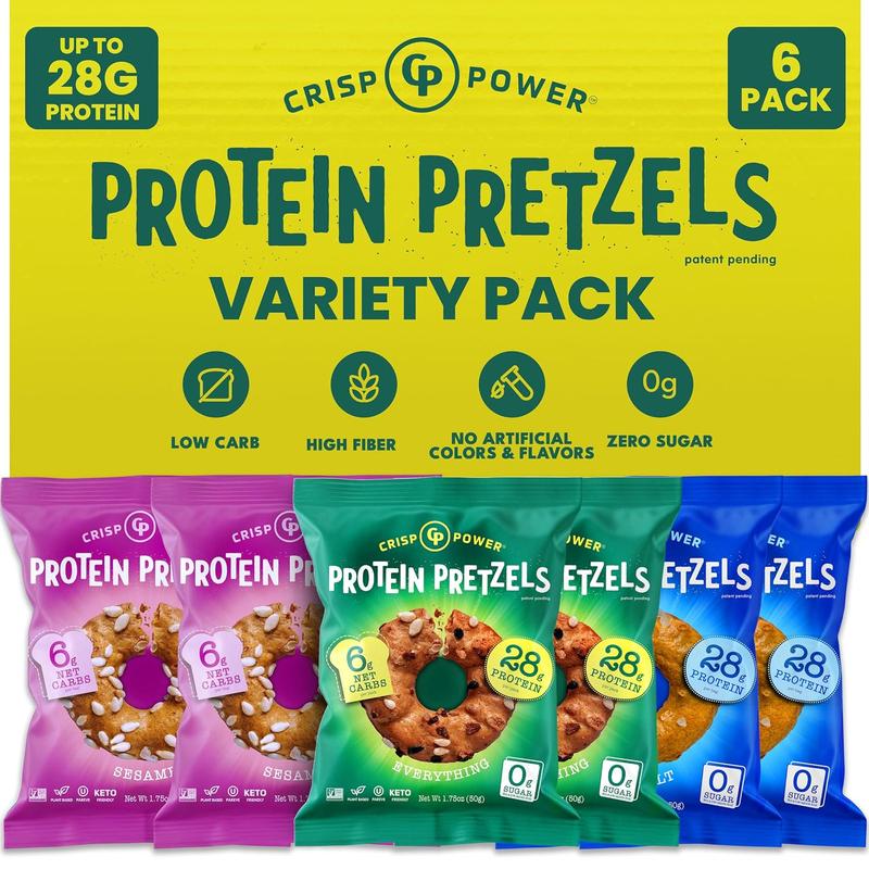 Crisp Power Protein Pretzels, 28g Protein, High Protein, High Fiber, Low Carb, Crunchy Pretzel Snacks, No Added Sugar, 1.75 oz Bags, 6 Pack, Vegan, Plant-Based, Keto