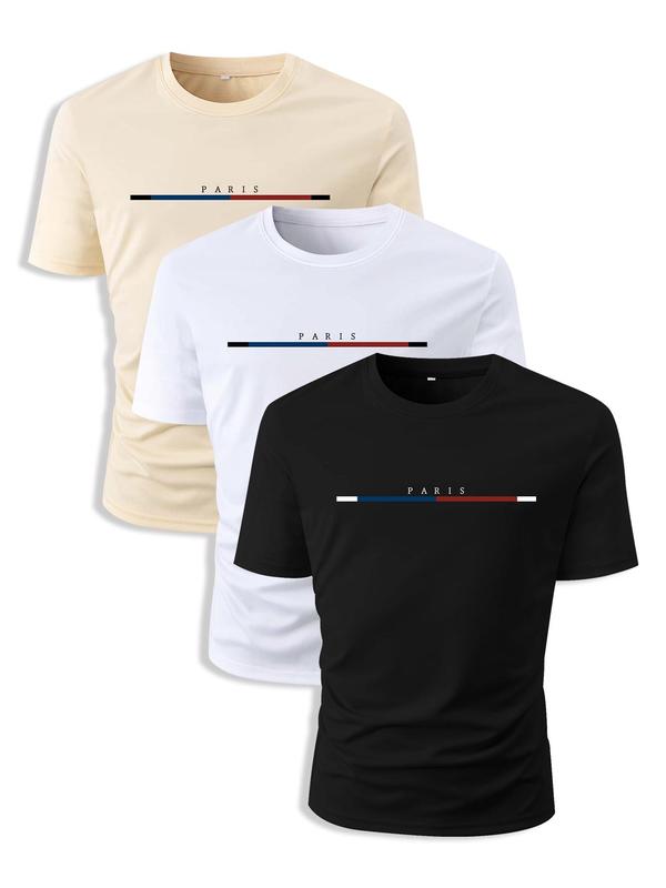 Men's 3pcs Basic Regular Fit Striped & Letter Print Crew Neck Tee, National Day Clothing, Streetwear Round Neck Short Sleeve T-Shirt for Men, Casual Comfy Stretch Knitting Top for Summer