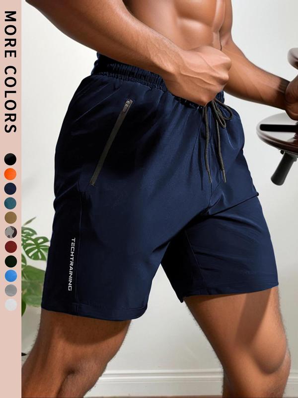 Men's New Trendy Letter Print Zipper Pocket Drawstring Waist Track Shorts, Quick Drying Drawstring Sports Shorts for Summer Gym Workout Running, Comfort Shorts for Men, Activewear, Athletic Shorts, Regular Fit Shorts, Sports Yoga Shorts