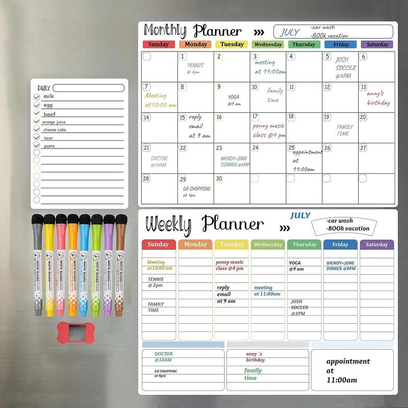 Magnetic Dry Erase Calendar Whiteboard, 1 Set Including Monthly, Weekly, and Daily Planning Calendar & 8 Markers & Eraser, Magnetic Erasable Chalkboard Set for Home Office #GLOBAL PICKS