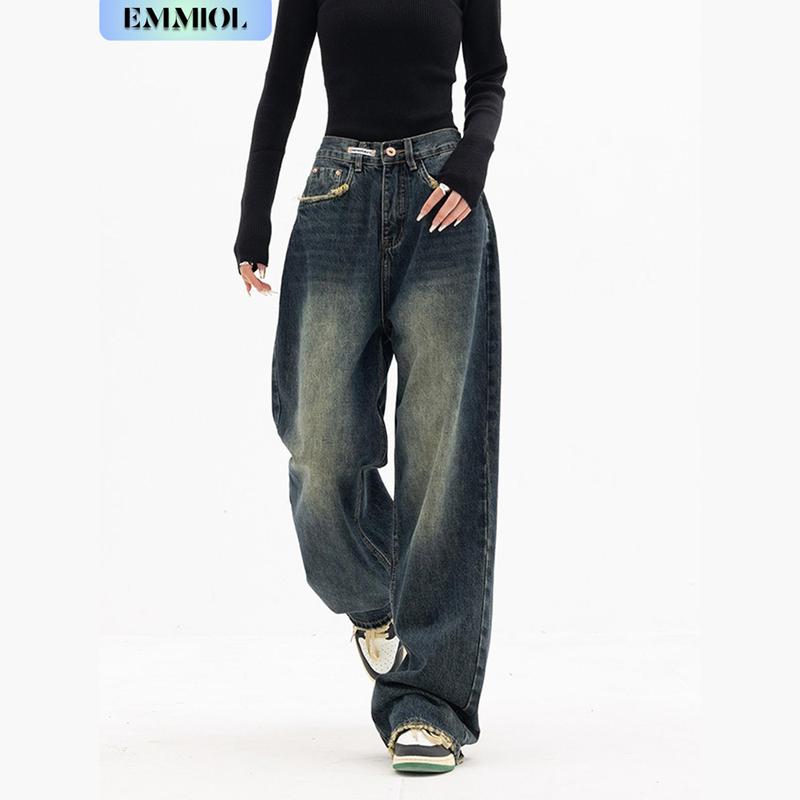 EMMIOL Low Rise Baggy Jeans for Women 90s Y2K Vintage Wide Leg Denim Pants Streetwear Boyfriend Style