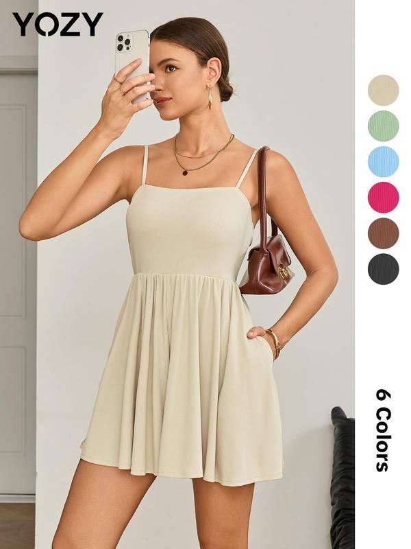 YOZY Solid Ruched Wide Leg Cami Romper, Casual Fashion Sleeveless Spaghetti Strap High Waist Romper for Fall,  Women's Clothes for Daily Wear, Womenswear