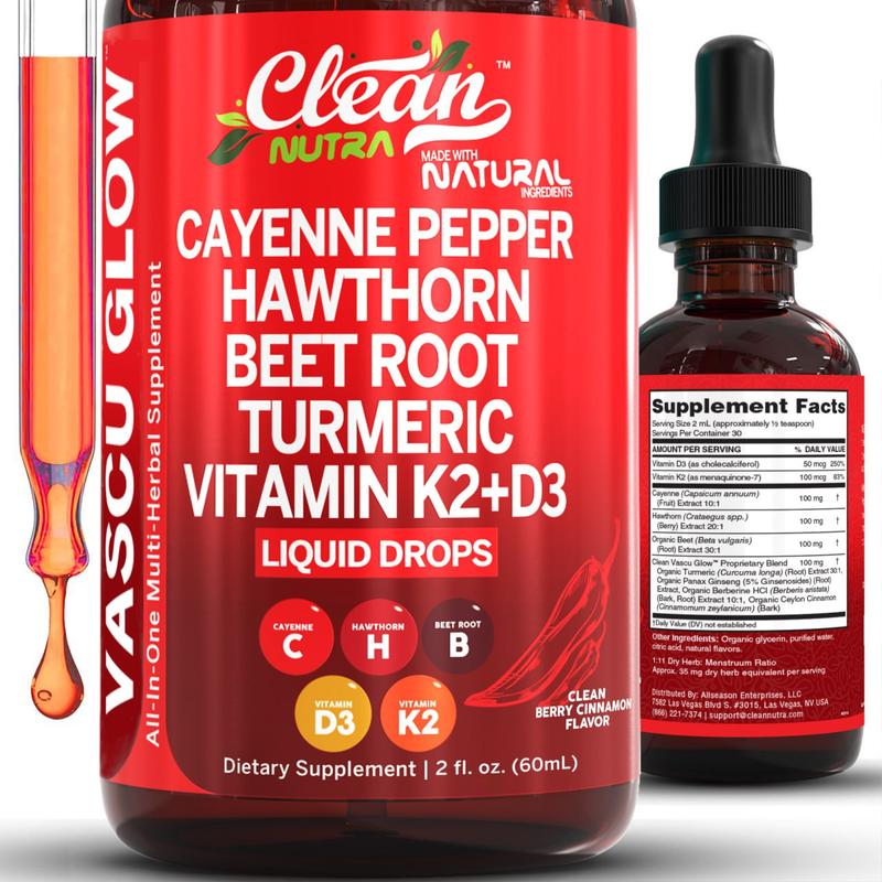 Clean Nutra Cayenne Pepper Supplement Drops + Hawthorn, Beet Root,Turmeric, Vitamin D3 K2 & More for Wellness Liquid Drop â Vascu Glow
