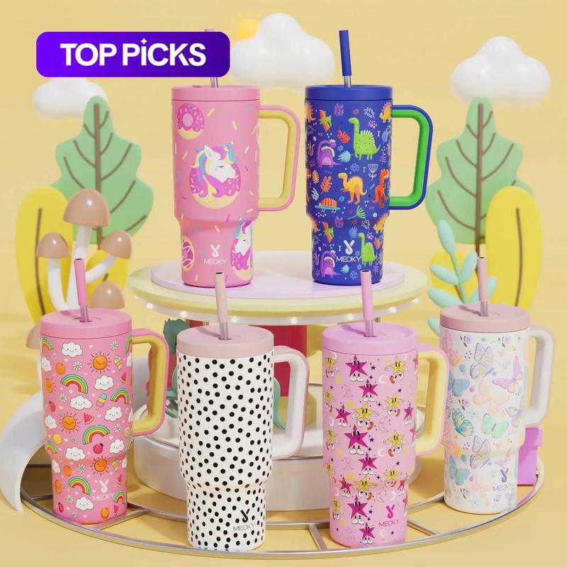 【meoky】 24oz Leak-proof Straw Handle Cup with Lid & Handle, 1 Count Portable Non-slip Stainless Steel Thermos Cup with Straw, Drinkware, Wide Mouth & Narrow Bottom Tumbler Cup for Easy Cleaning & Car Loading