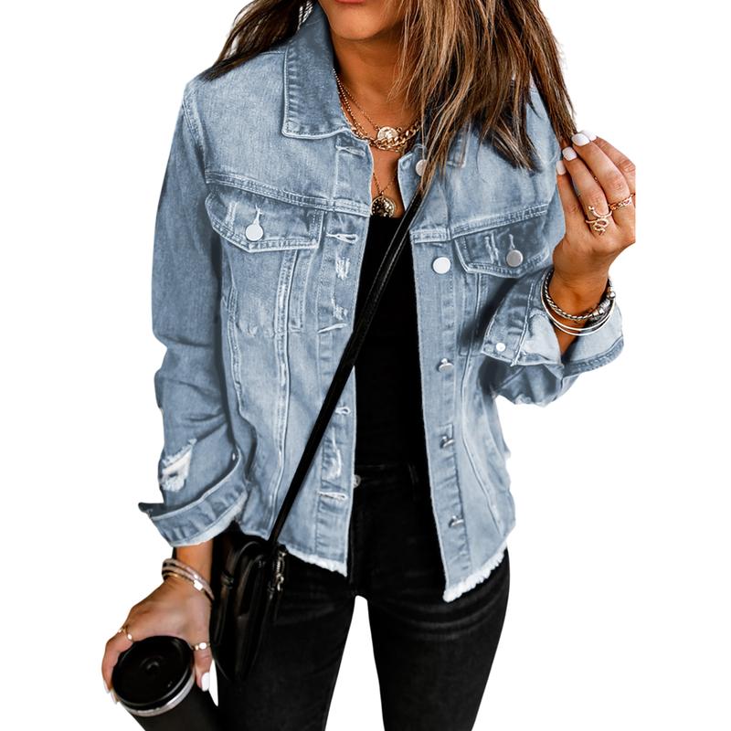 EVALESS Women's Casual Short Jean Jackets Non Stretch Distressed Ripped Boyfriend Washed Coats Lapel Long Sleeve Denim Jacket Outwear Tops 2026 Womenswear Spring Winter Outfits  Deals For You Days