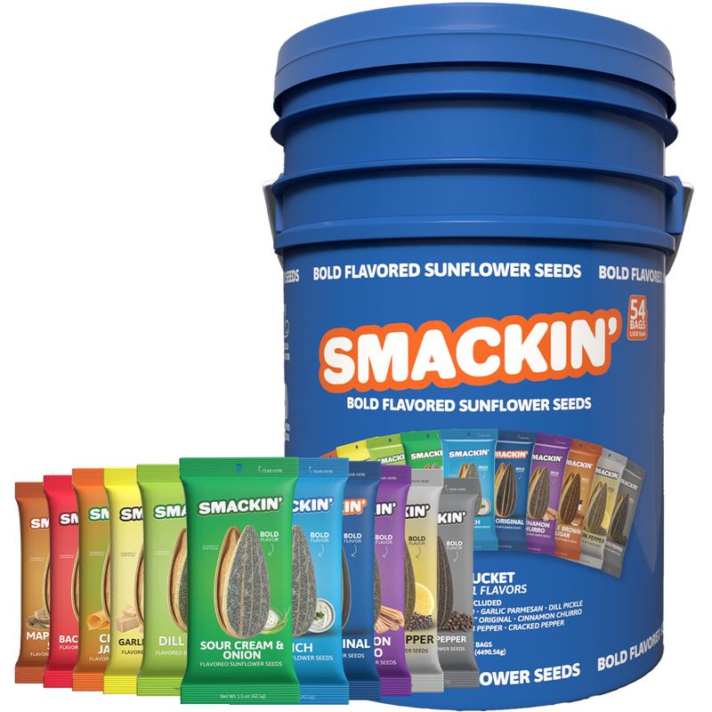 SMACKIN' Sunflower Seed Bucket, 54 Total 1.5 Ounce Single Serve Bags, 11 Flavor Variety Bucket