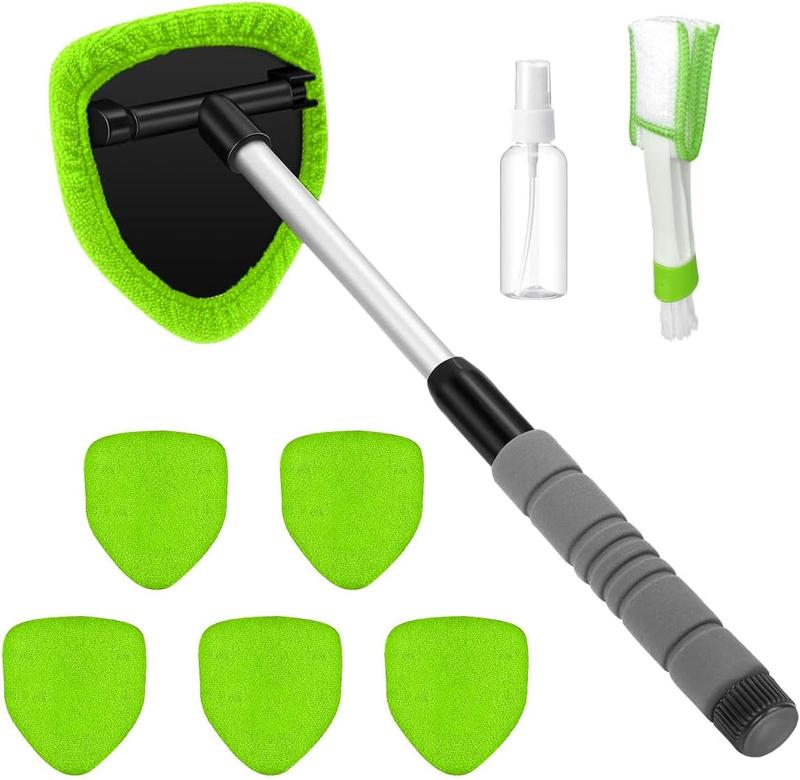 【FathersDayGift】9PCS Car Window Cleaner Kit Extendable Handle Windshield Cleaning Tool with 6 Reusable Microfiber Pads with Air Vent Brush & Empty Spray Bottle