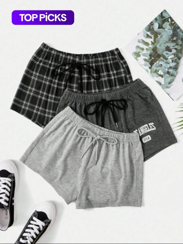 Women's 3pcs Elastic Waist Sleep Shorts, Casual Comfy Pajama Drawstring Waist Sleeping Shorts for Daily Indoor Wear, Women's PJ Bottoms for All Seasons, Summer Outfits 2024