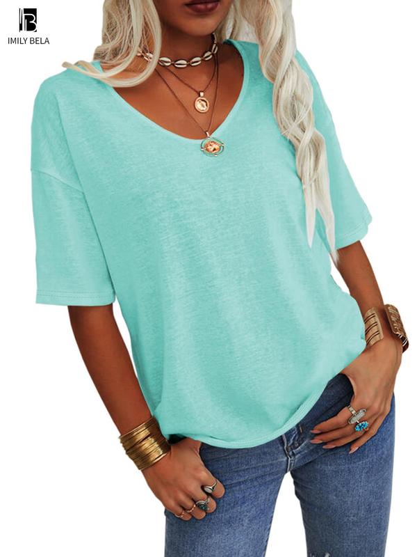 Women's Plain V Neck Drop Shoulder Tee, Casual Chic Minimalist Solid Color Half Sleeve T-shirt for Summer, Women's Basic Top for Daily Wear