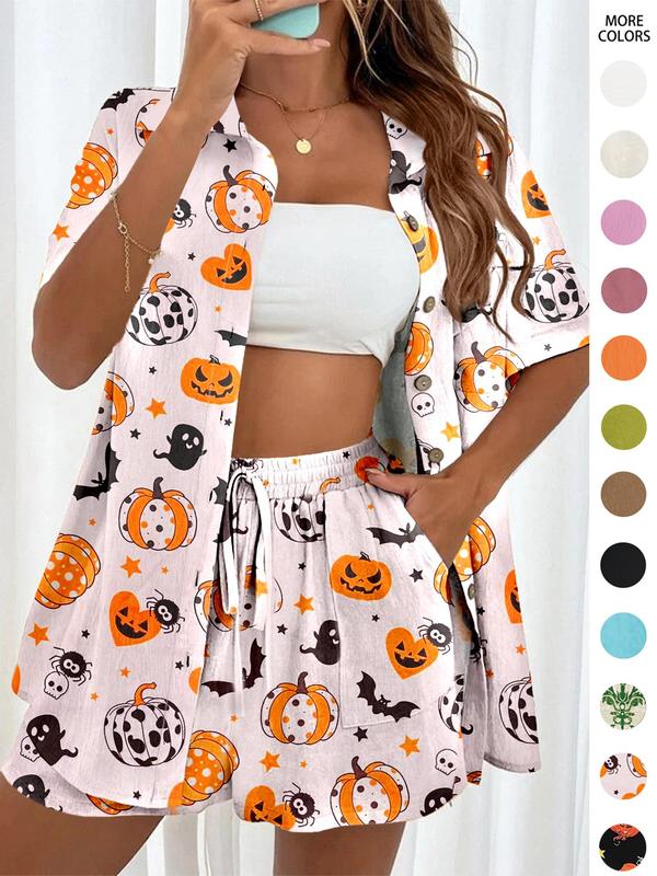 Two-piece Set Women's Solid Button Front Shirt & Drawstring Waist Shorts Two Piece Set, Casual Short Sleeve Top & High Waist Shorts Matching Sets, Summer Outfits 2024 Sets, Co Ords for Women, Ladies Summer Outfits 2024 for Daily Wear, Apple Shape Outfits