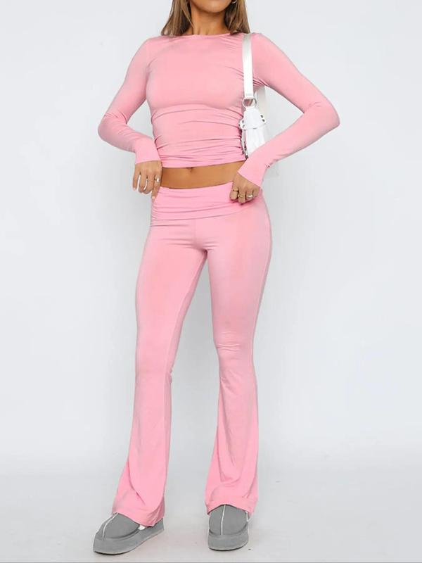 Women's Basic Solid Long Sleeve Crop Tee & Flare Leg Skinny Pants Loungewear Set, Casual Round Neck Top & Bell Bottom Leggings, Sleepwear Pajama Set for Women, Pjs