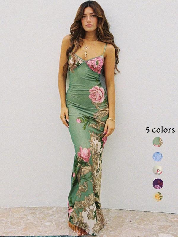 2026 Trendy, Elegant, Chic Women's Floral Print Mermaid Bodycon Cami Dress, Summer Clothes Women, for Beach Holiday