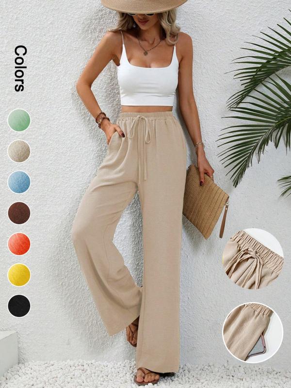 Women's Plain Pocket Tie Front Elastic Waist Straight Leg Pants, Casual Style High Waist Wide Leg Trousers for Daily Wear, Ladies Bottoms for All Seasons, Baggy Pants