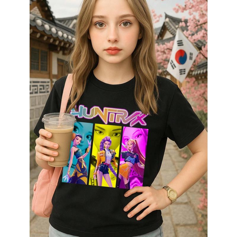 Young Girl's/Boy's  Y2K 100% Cotton Graphic Tees Rumi&Zoey&Mira Back To School Clothes Girls Black Round Neck Letter Print T-Shirts With Color Block Design Machine Washable For Outdoor Sports