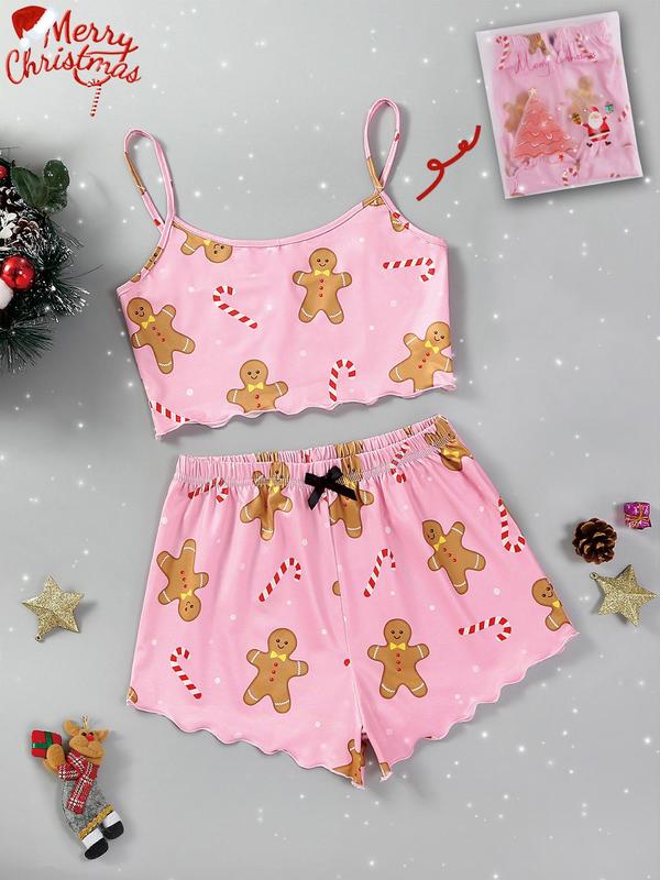 Two Pieces Women's Halloween Themed Matching Pajama Set, Chic Cartoon Print Cami Top & Bow Pj Shorts Loungewear Set for Fall, Lounge Sets, Halloween Pajamas, Fall Wear, Fallfreshness, Valentine's Day Gift for Girl, Halloween Costumes