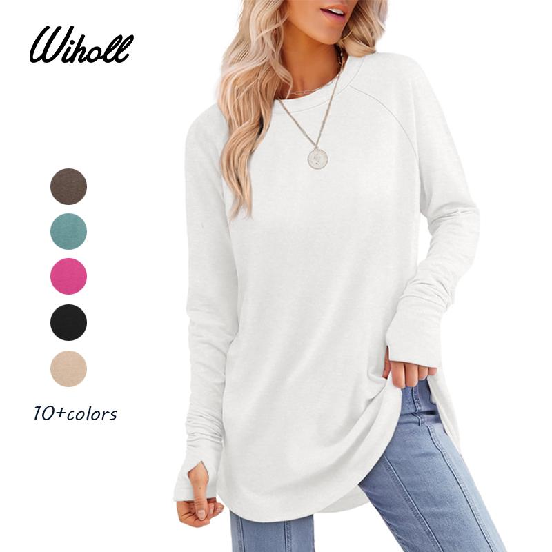 WIHOLL Womens Tunic Tops to Wear with Leggings Long Sleeve Thumb Hole Shirts Crew Neck Curved Hem